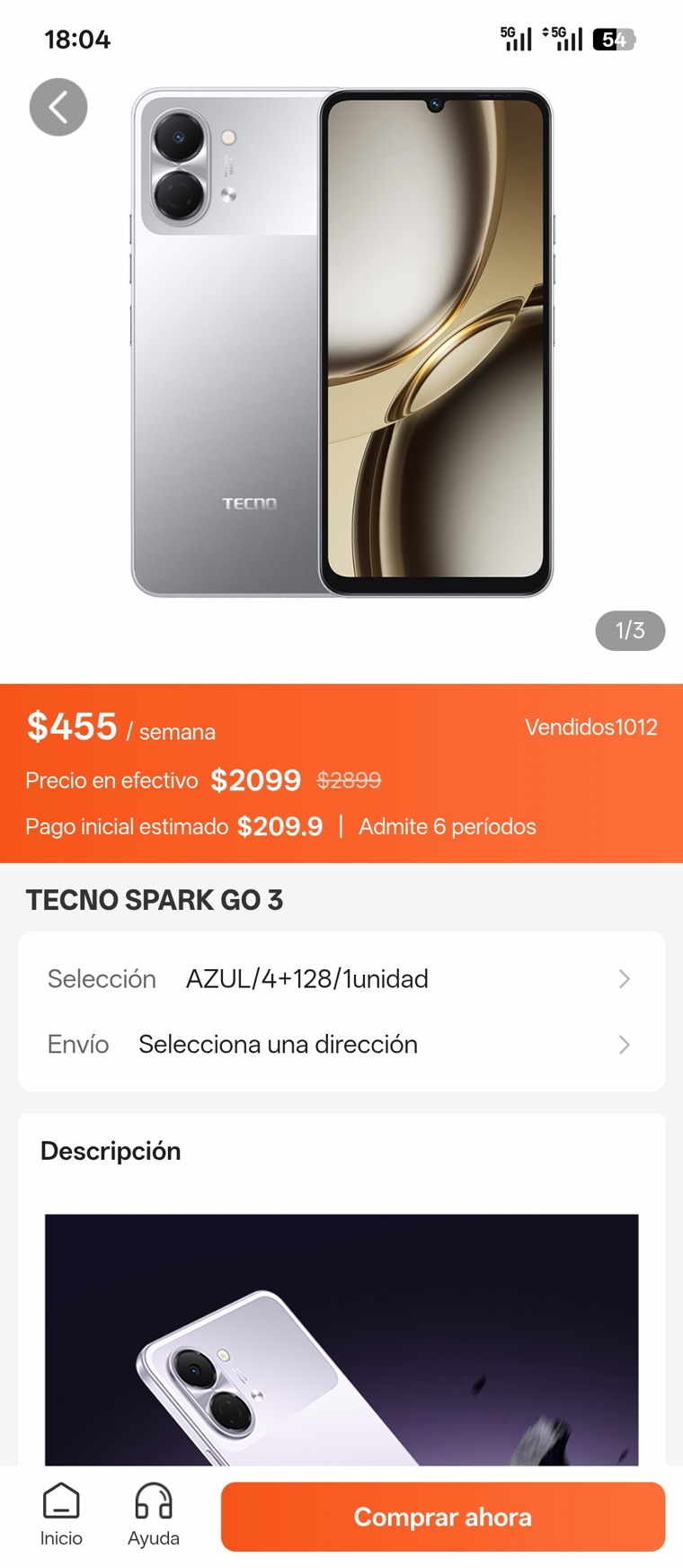 App konexa: ficha de un celular TECNO con pago semanal